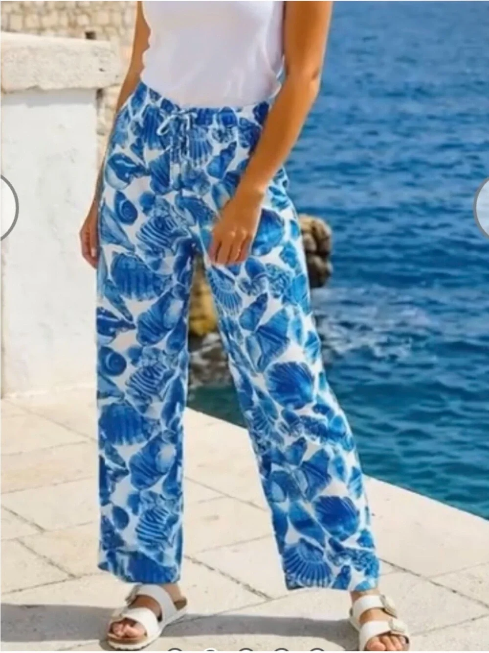 KATHERINE BARCLAY Blue Shell-Print Linen Blend Relaxed Fit Pants—Multi Sizes NWT